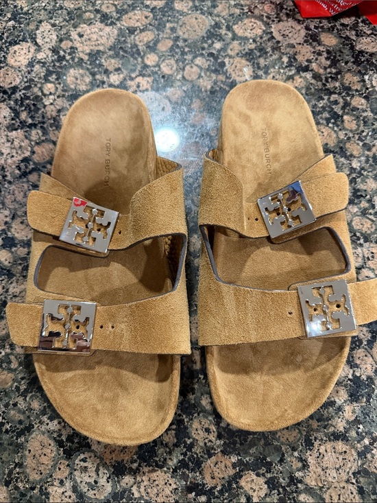 Tory Burch Shoes - Tory Burch NWOT Suede Double-Strap Slide Sandals — Camel/Tan with Silver Logos